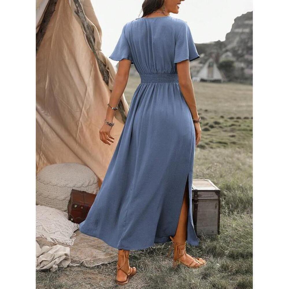 Breezaya Solid Color V-Neck Wrap Waist Split Dress - Picture 2 of 7